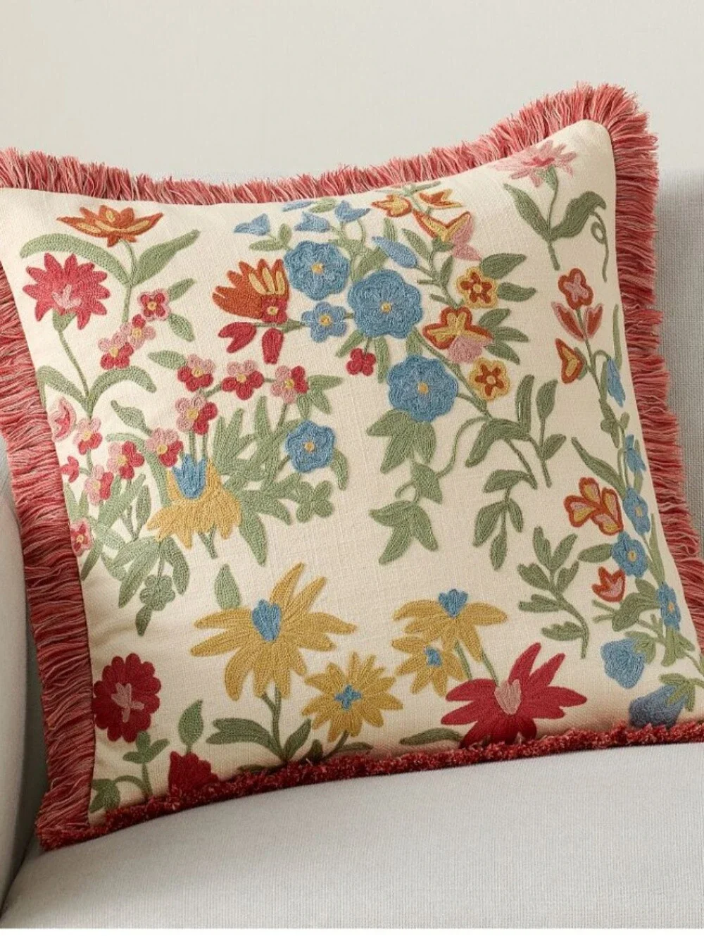 PB Bluebell Embroidered Floral Fringe Pillow Cover